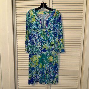Lilly Pulitzer 3/4 sleeve gold button 100% Cotton Dress Size Large Blues Greens